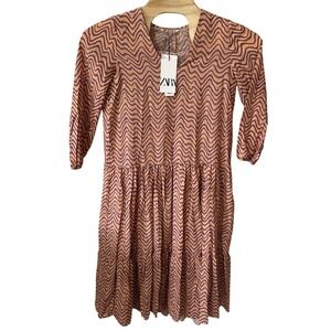 NEW Zara Giny Midi Dress Tiered Abstract Print Cotton XS Peach Purple Long Sleev